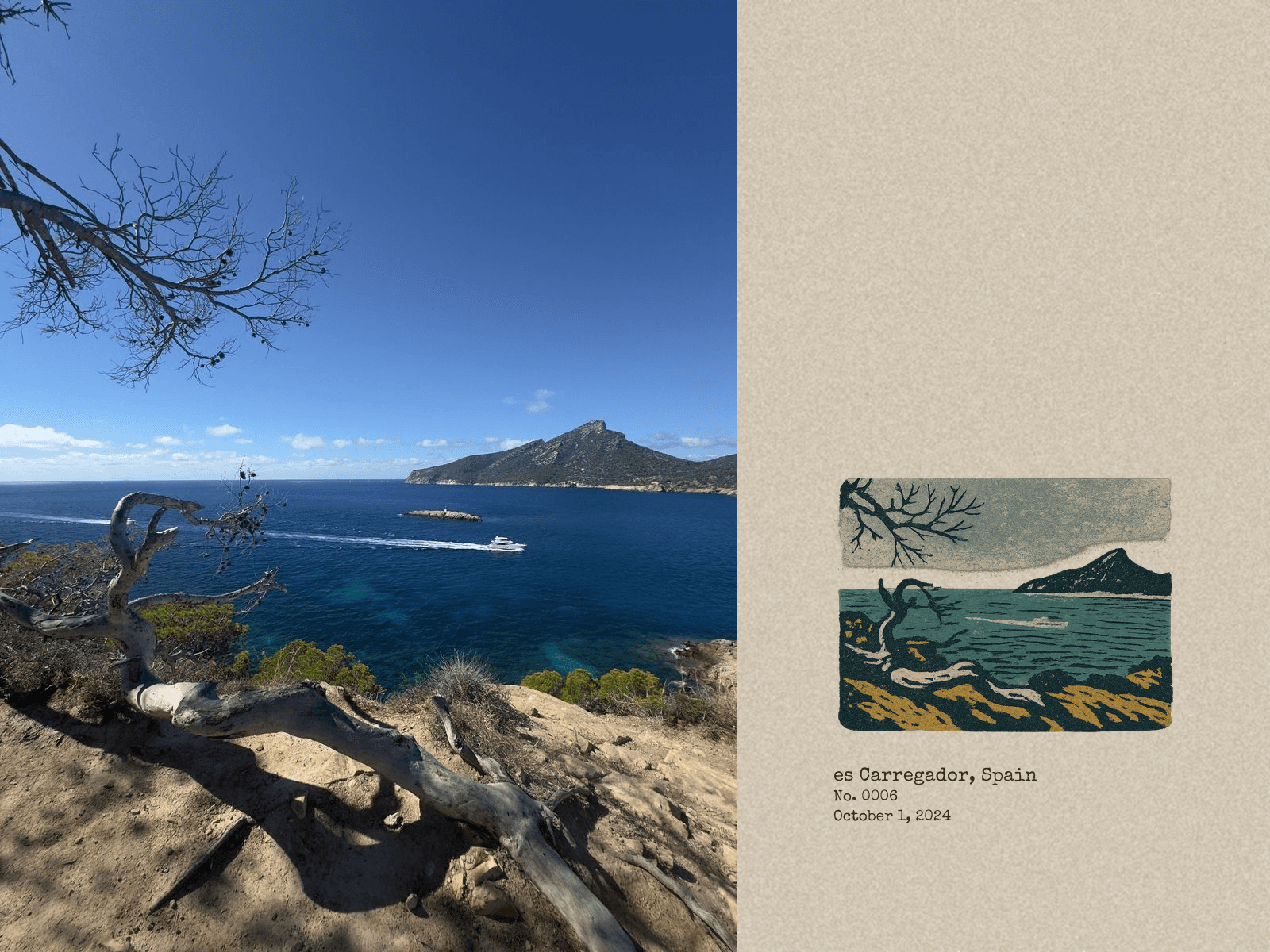 A MyPostcards field-research postcard of a headland and boat at es Carregador, paired with an illustrated stamp of the same coastline.