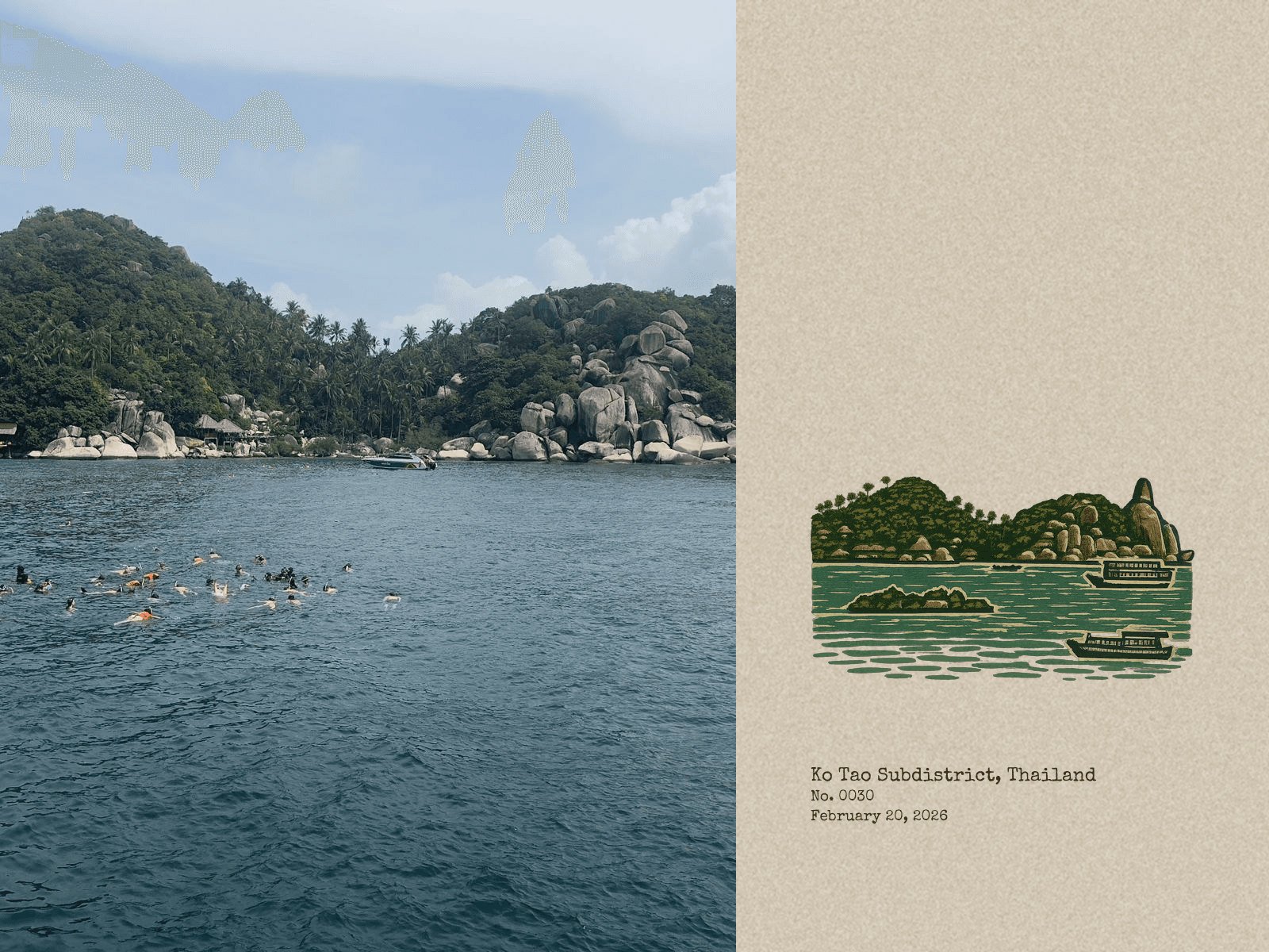A MyPostcards field-research postcard of a Ko Tao bay with snorkelers and boats, paired with an illustrated stamp of the coastline.