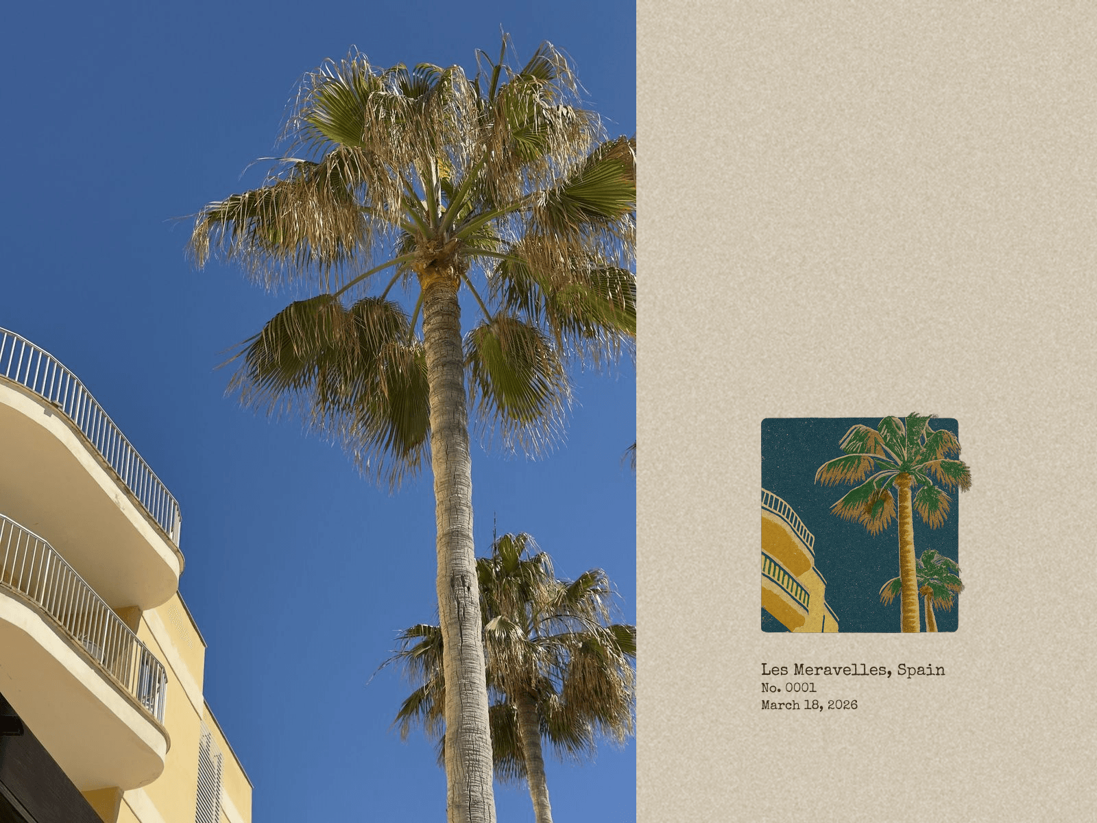 A MyPostcards field-research postcard of palm trees against a blue sky in Les Meravelles, paired with an illustrated stamp of the same scene.