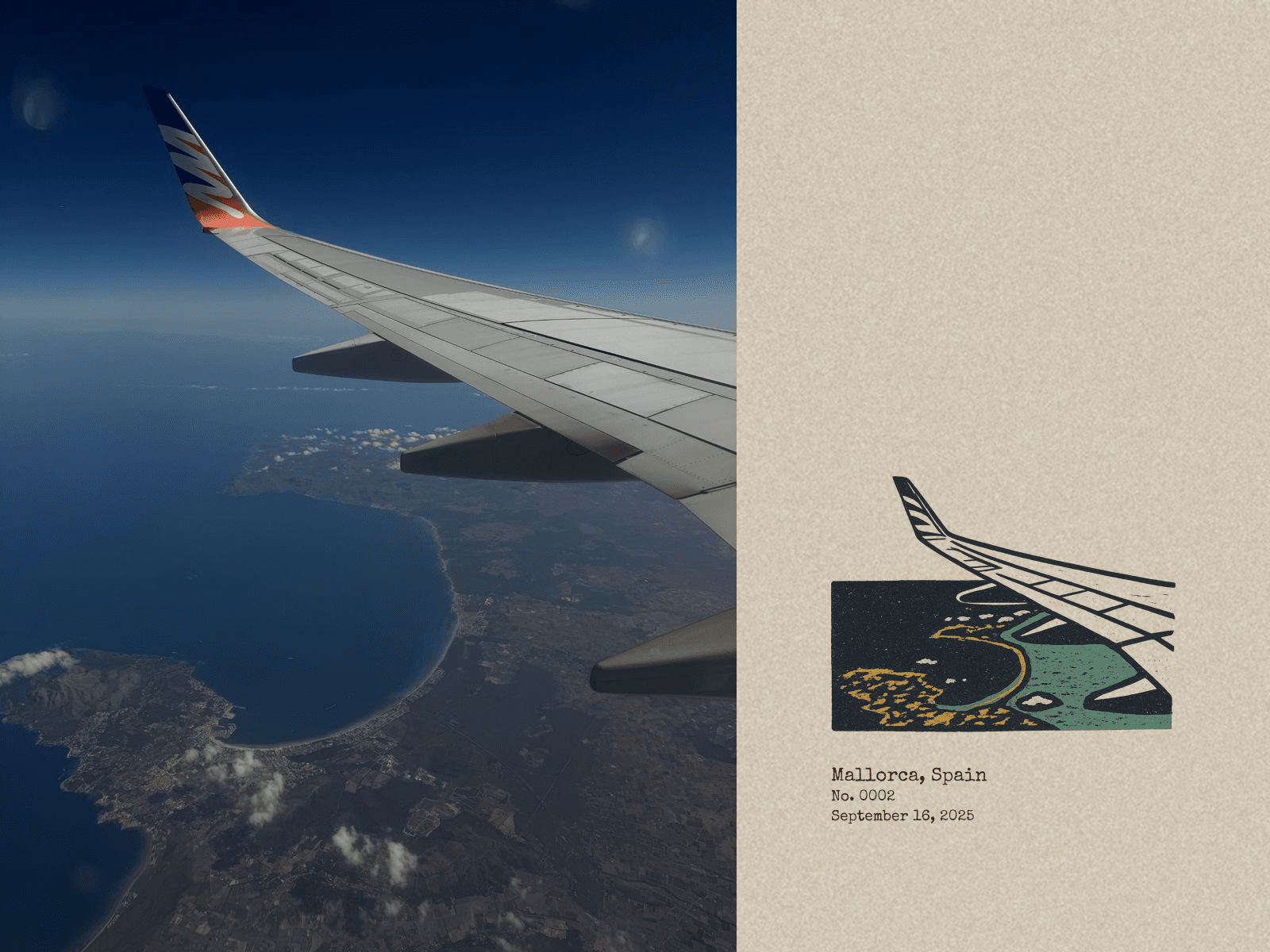 A MyPostcards field-research postcard of a plane wing over the Mallorca coastline, paired with an illustrated stamp of the same aerial view.