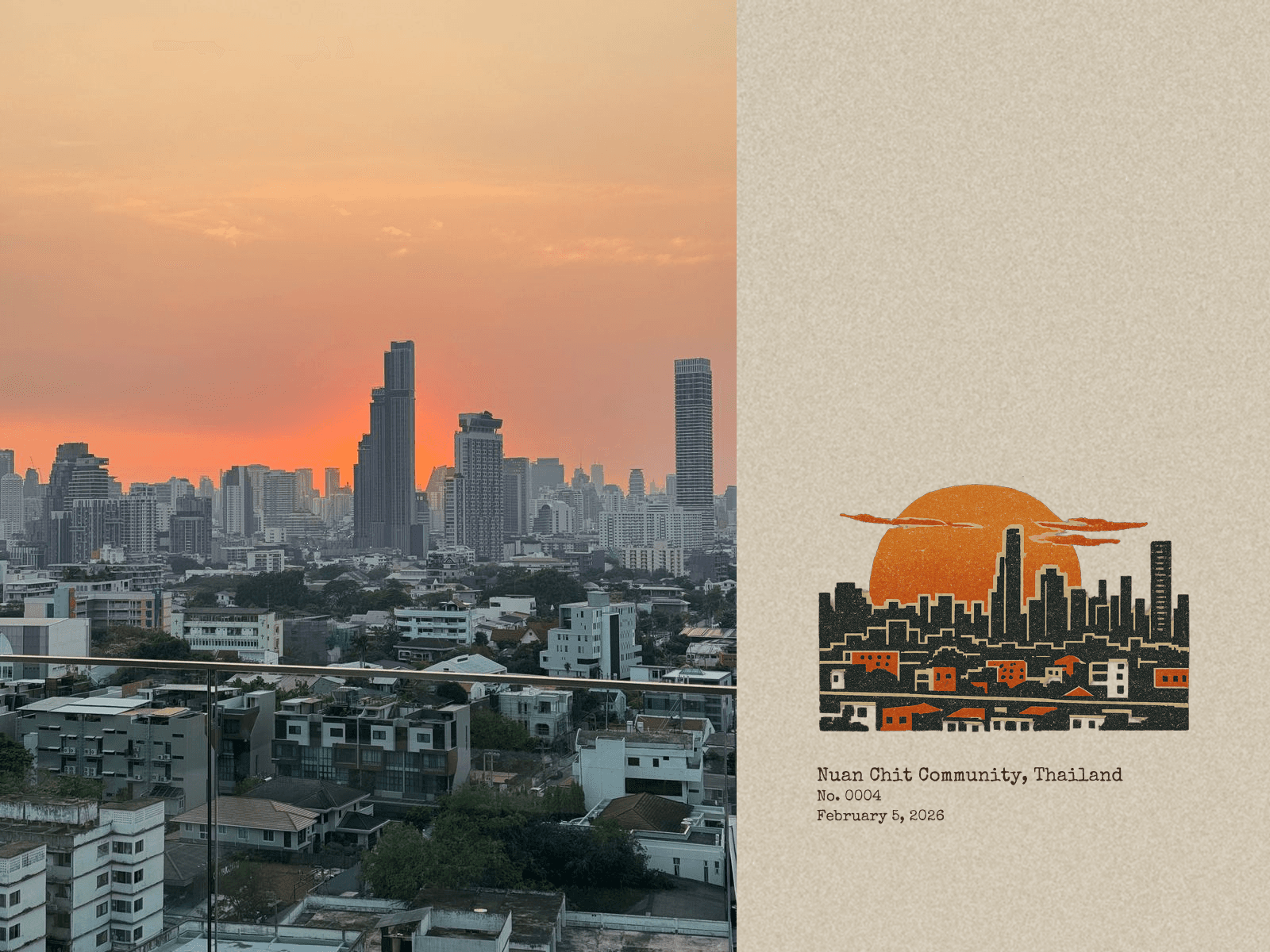 A MyPostcards field-research postcard of a Bangkok skyline at sunset from Nuan Chit Community, paired with an illustrated stamp of the same view.