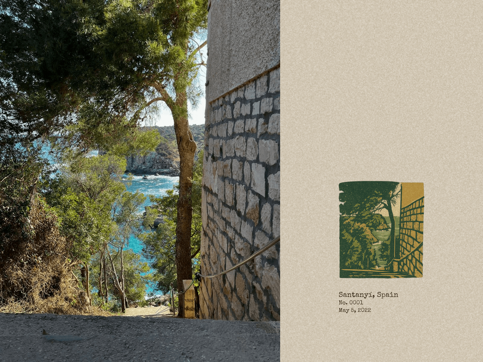 A MyPostcards field-research postcard of a stone-walled path down to a cove in Santanyí, paired with an illustrated stamp of the same view.
